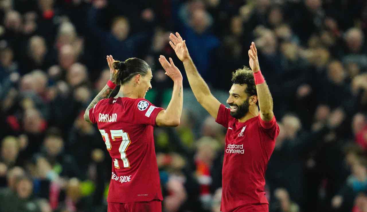 Nunez e Salah festeggiano il gol al Napoli