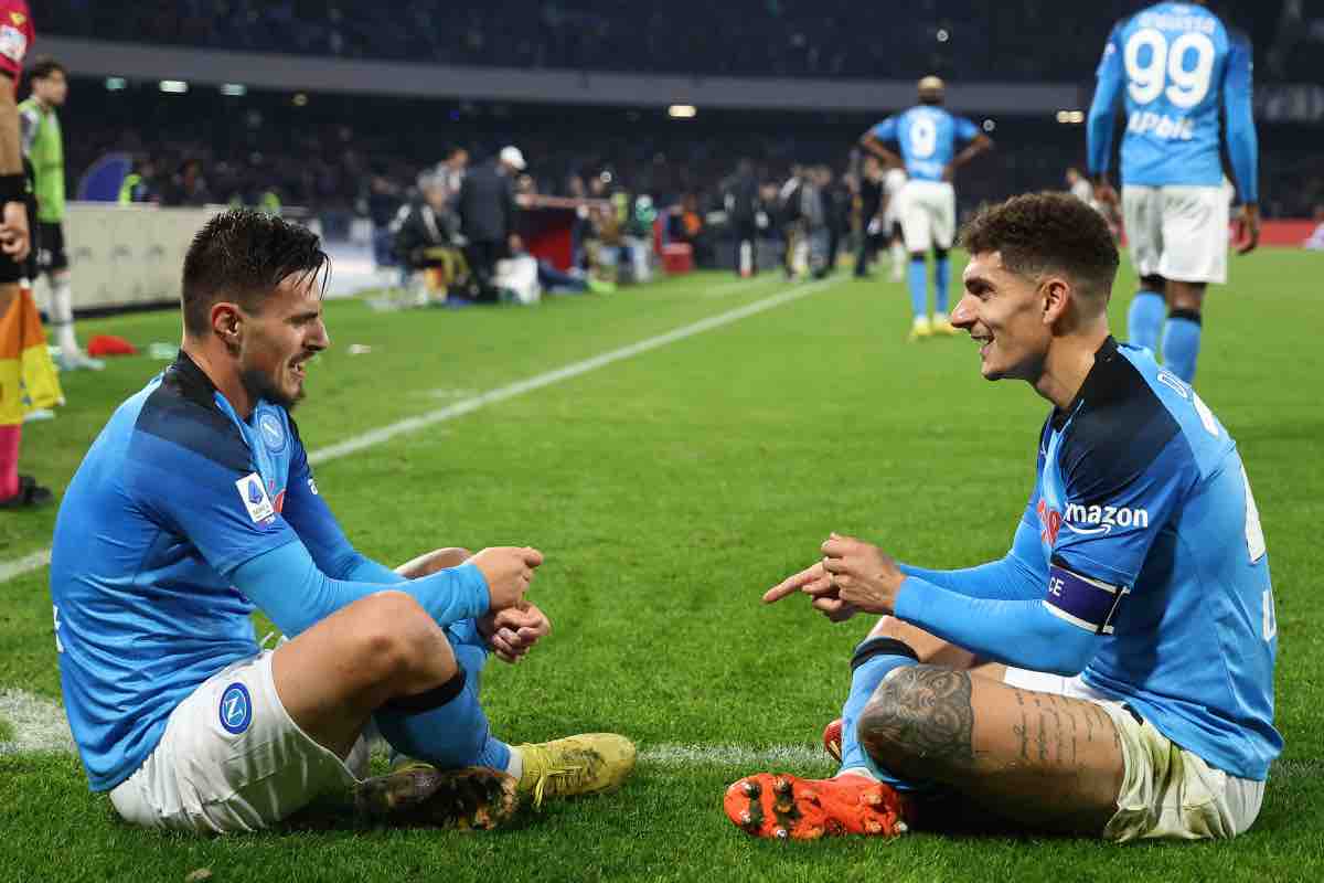 L'esultanza di Elmas e Di Lorenzo in Napoli-Juventus